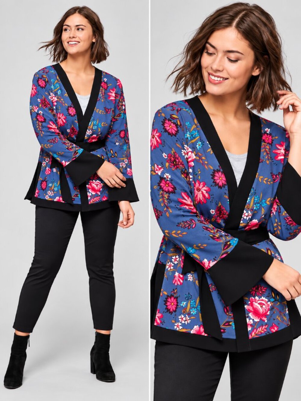 LOFT Slate Blue Floral Open-Front Kimono Jacket Black Trim Size Large L
